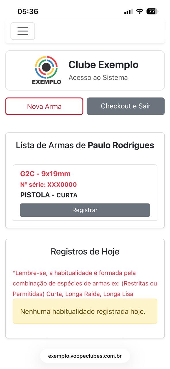 Tela de habitualidade e cadastro de armas